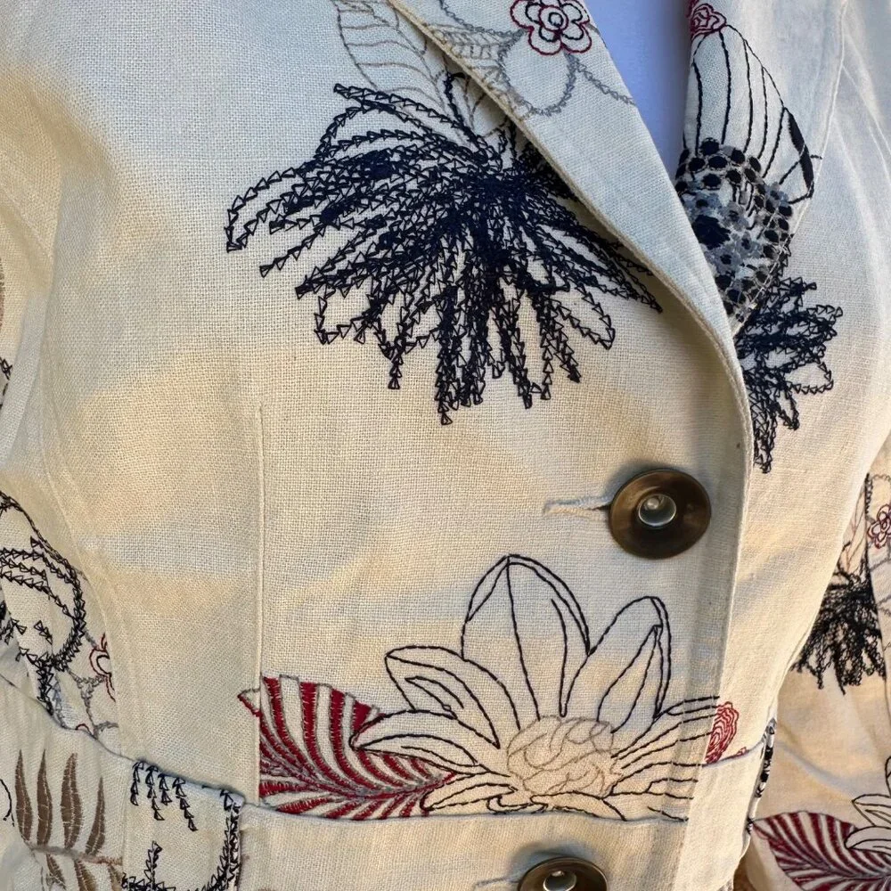 Vintage Multiples Embroidered Red Blue Cream Linen Blazer Size M - Picture 9 of 9